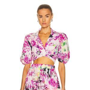 ROCOCO SAND Tessa Pink Floral Cotton Puff Sleeve Wrap Top Shorts Set, Size S